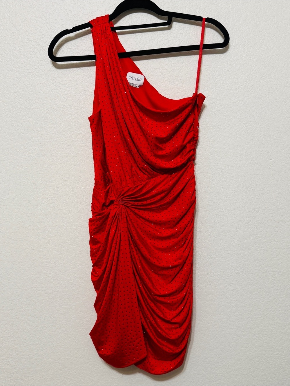 🦋Saylor| Red Rhinestone One Shoulder Ruched Bodycon Party Mini Dress M - Picture 3 of 9
